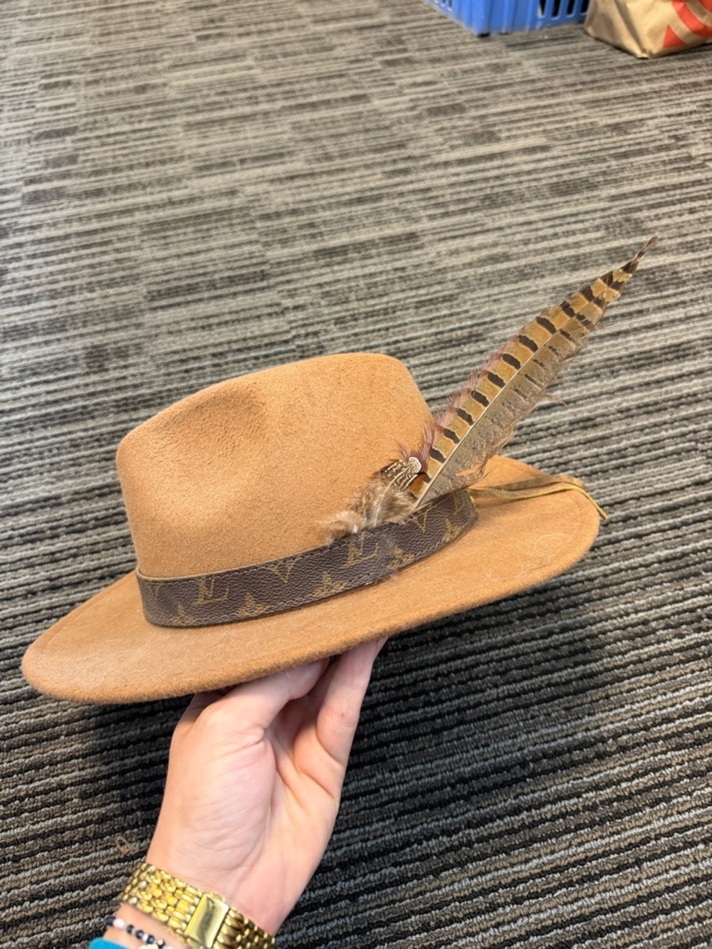 Tan Felt Fedora with Feather and Designer Monogram Band